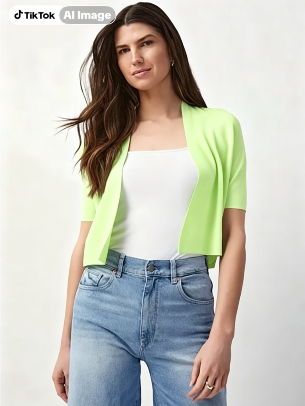 Apostrophe stretch knit bolero shrug sweater, button, light green, size L